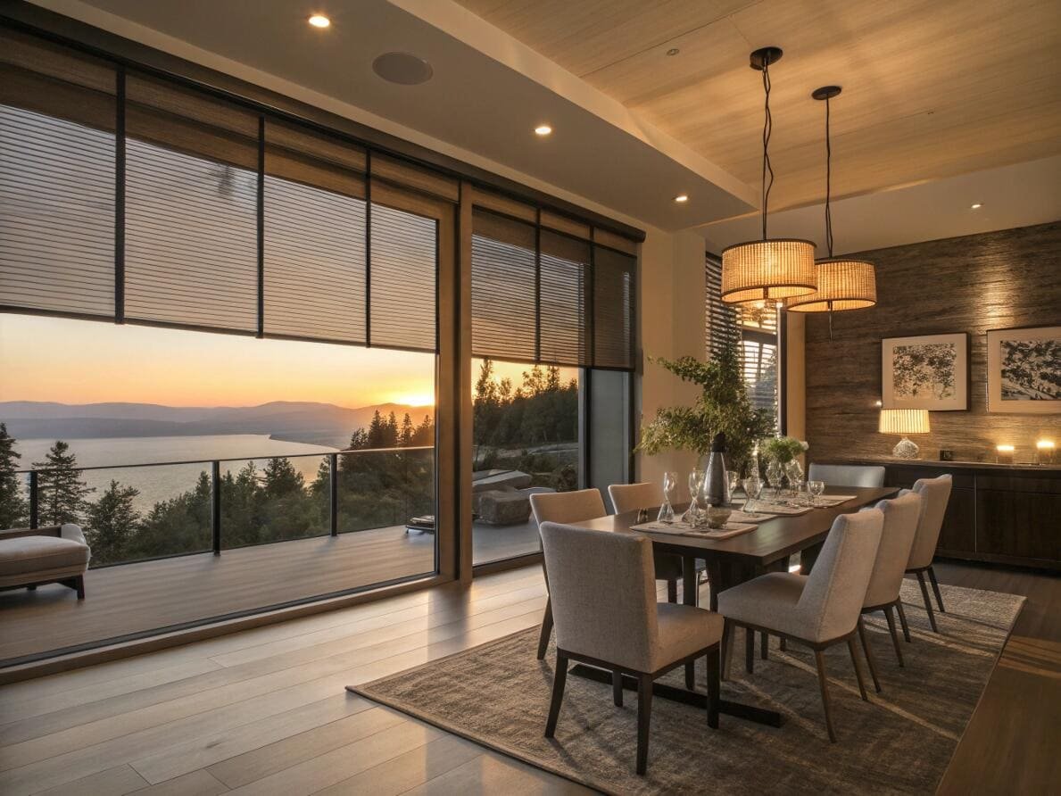 Elegant dining room with top-down cellular shades perfectly framing a beautiful lake sunset.