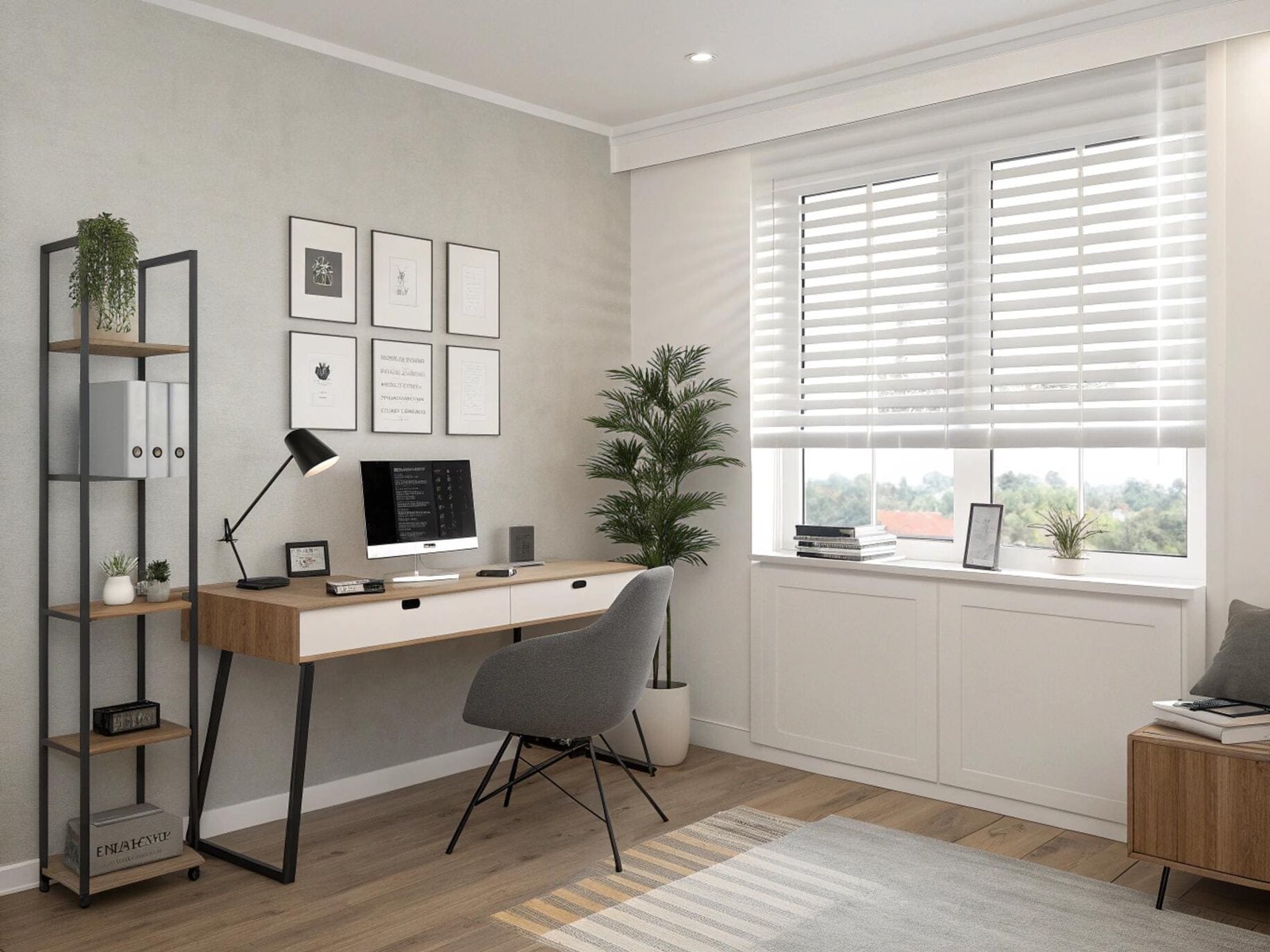 Bright home office with clean white venetian blinds, creating a productive work environment.