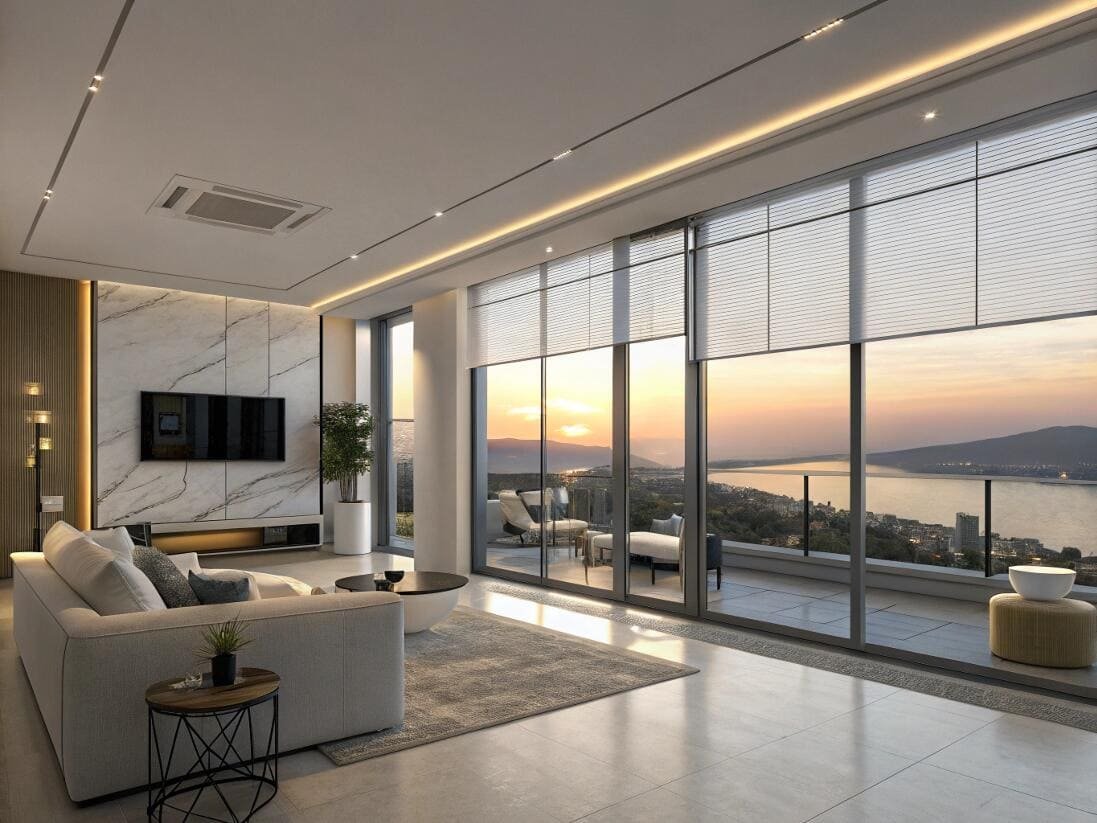 Modern penthouse living room with smart cellular shades framing a beautiful sunset view.