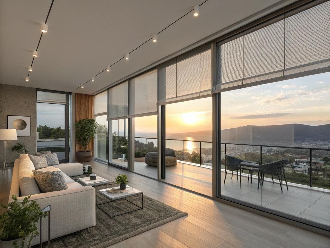 Modern living room featuring smart cellular shades on patio doors overlooking a sunset.