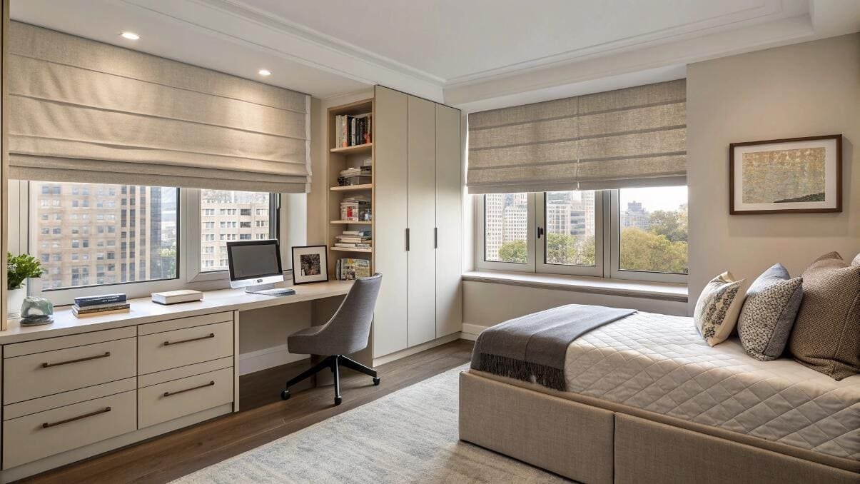Light-filtering Roman shades offer privacy for a multi-functional bedroom and home office.