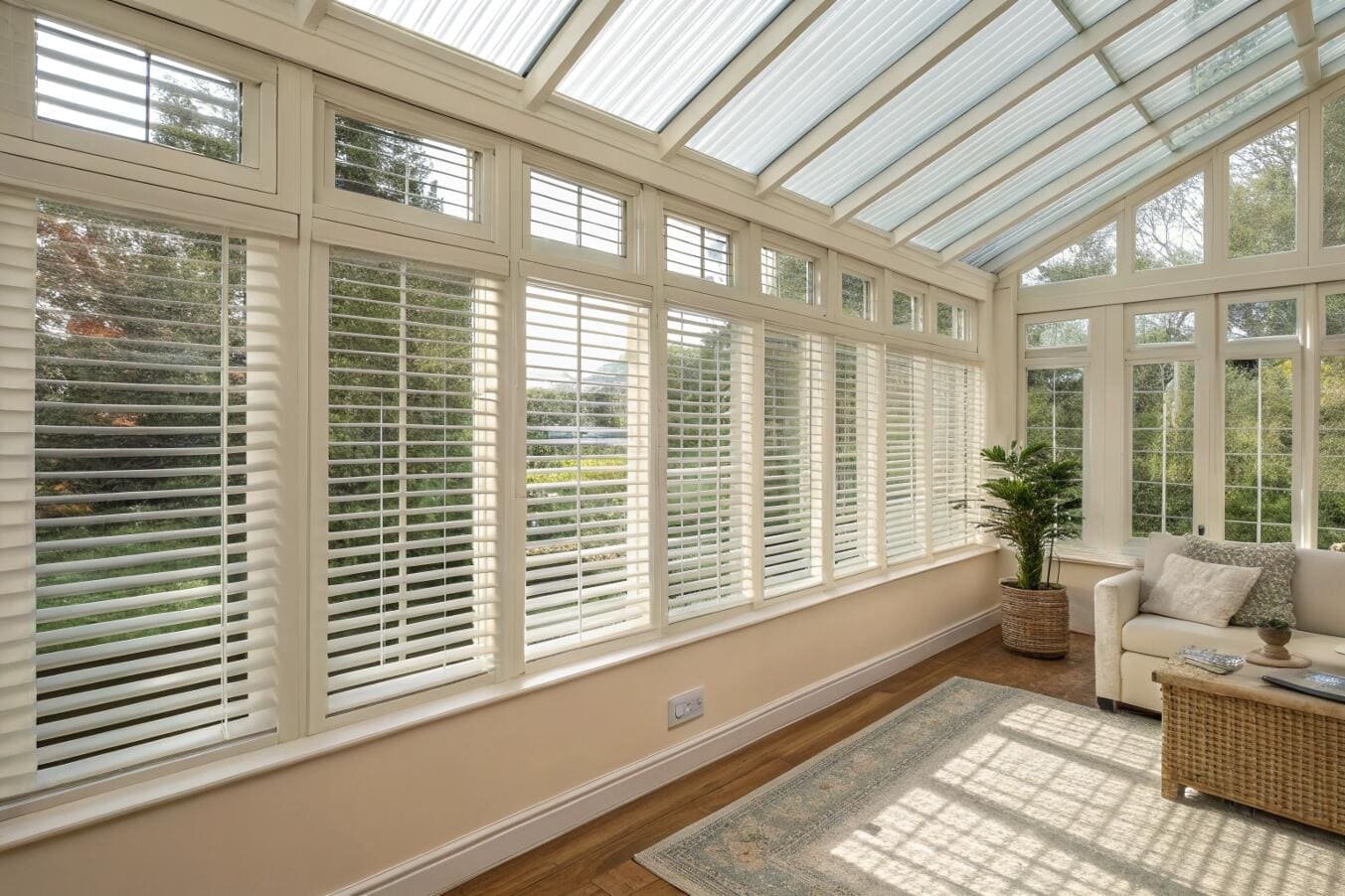 White plantation-style blinds offer clean, adjustable light control for a large sunroom.
