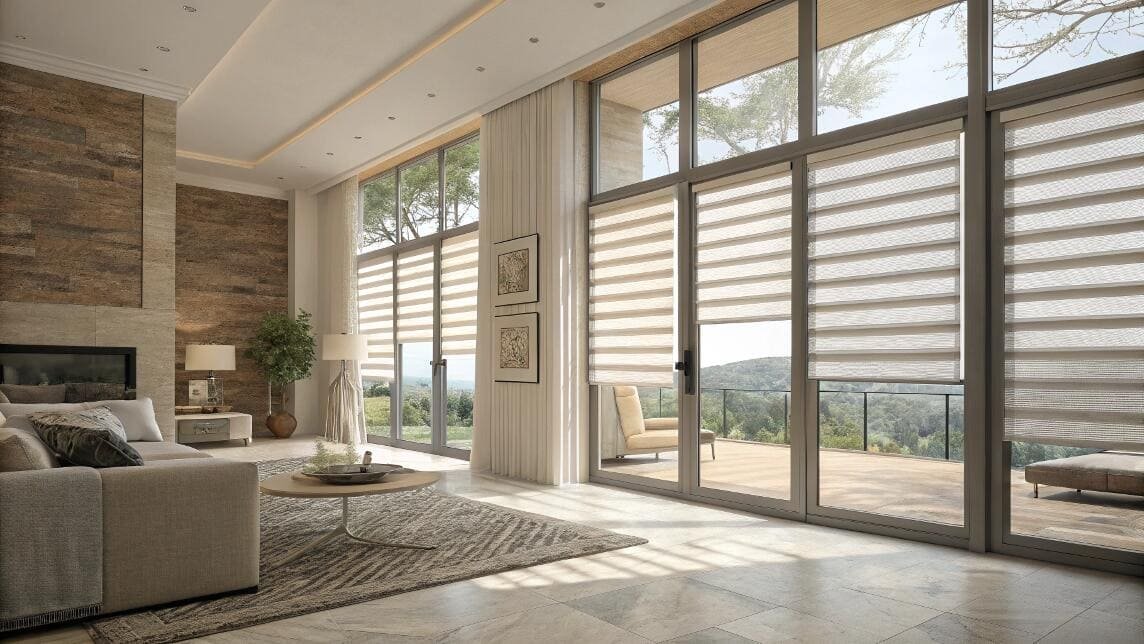 Spacious living room with panoramic glass doors and elegant striped zebra blinds.