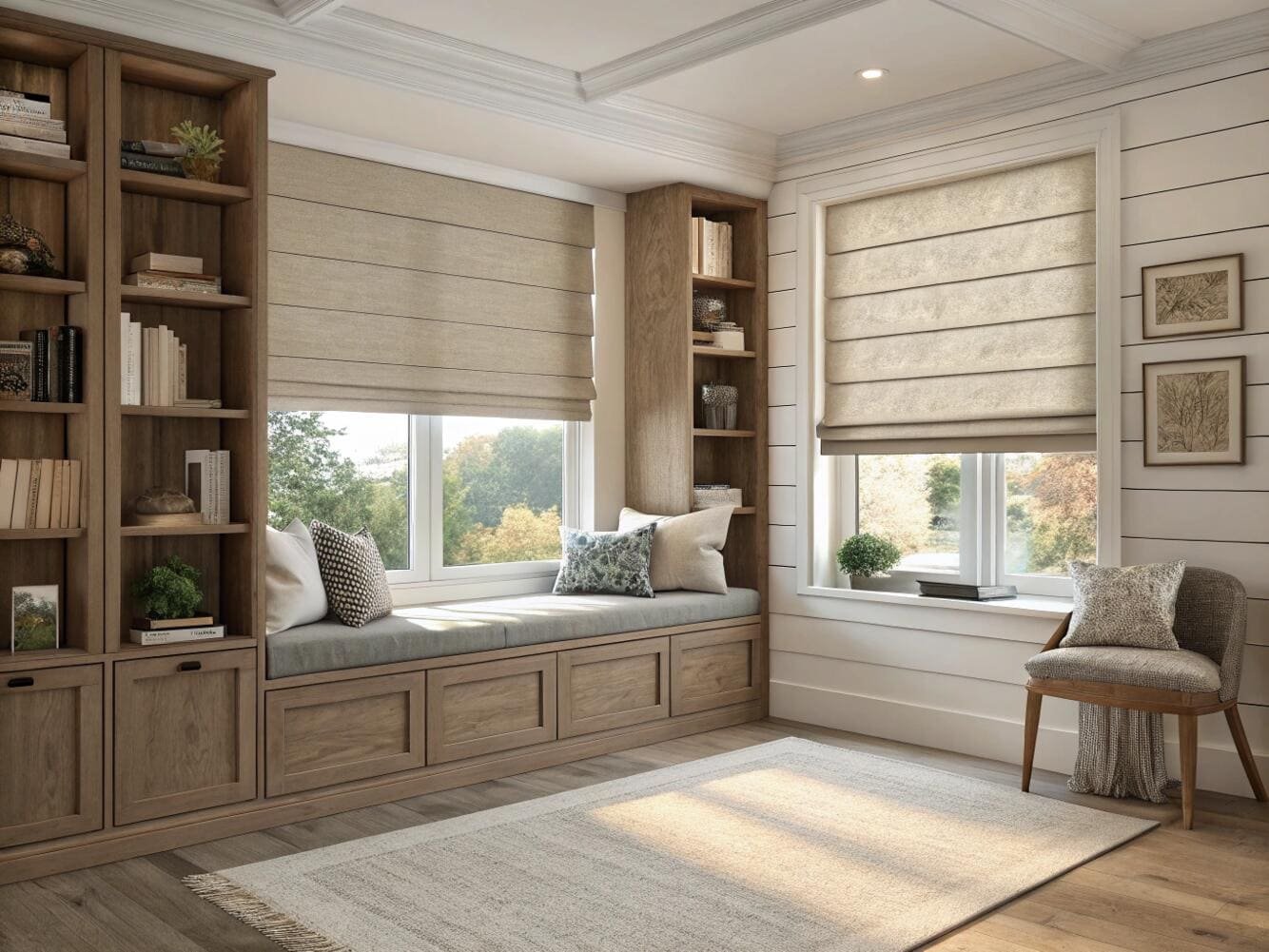 Cozy reading nook with built-in seating and classic Roman window shades.