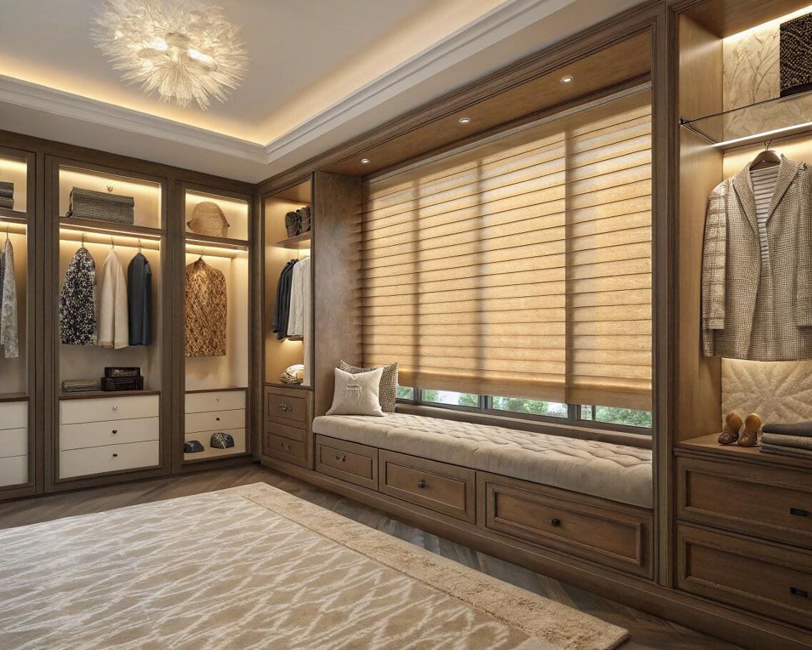 Elegant walk-in closet with window seat and stylish Roman shade.