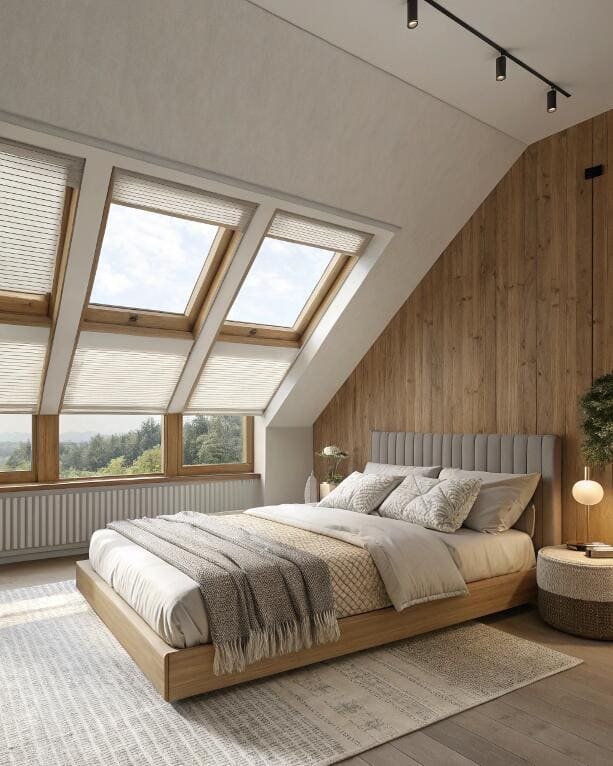 Attic bedroom with skylights and windows featuring light-filtering pleated shades.