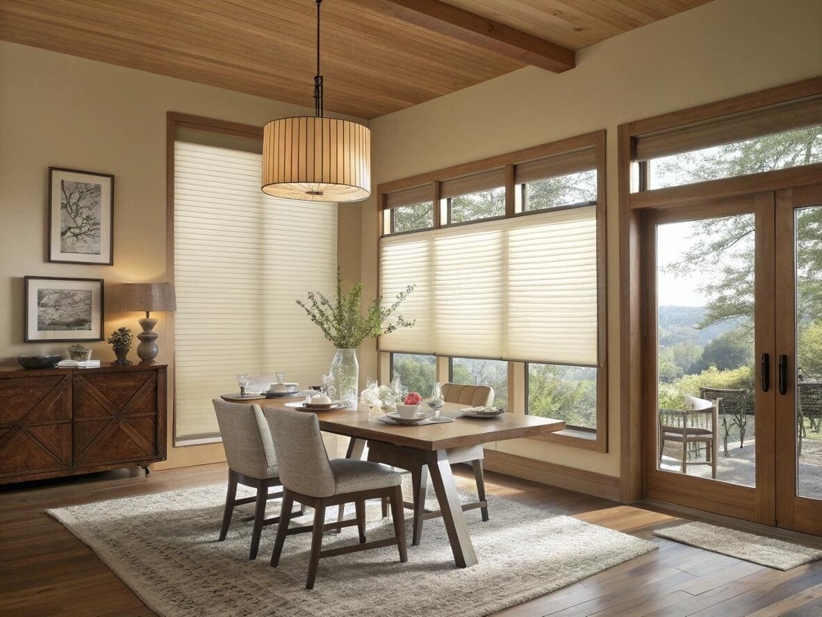 Dining area with scenic view and energy-efficient cellular shades.