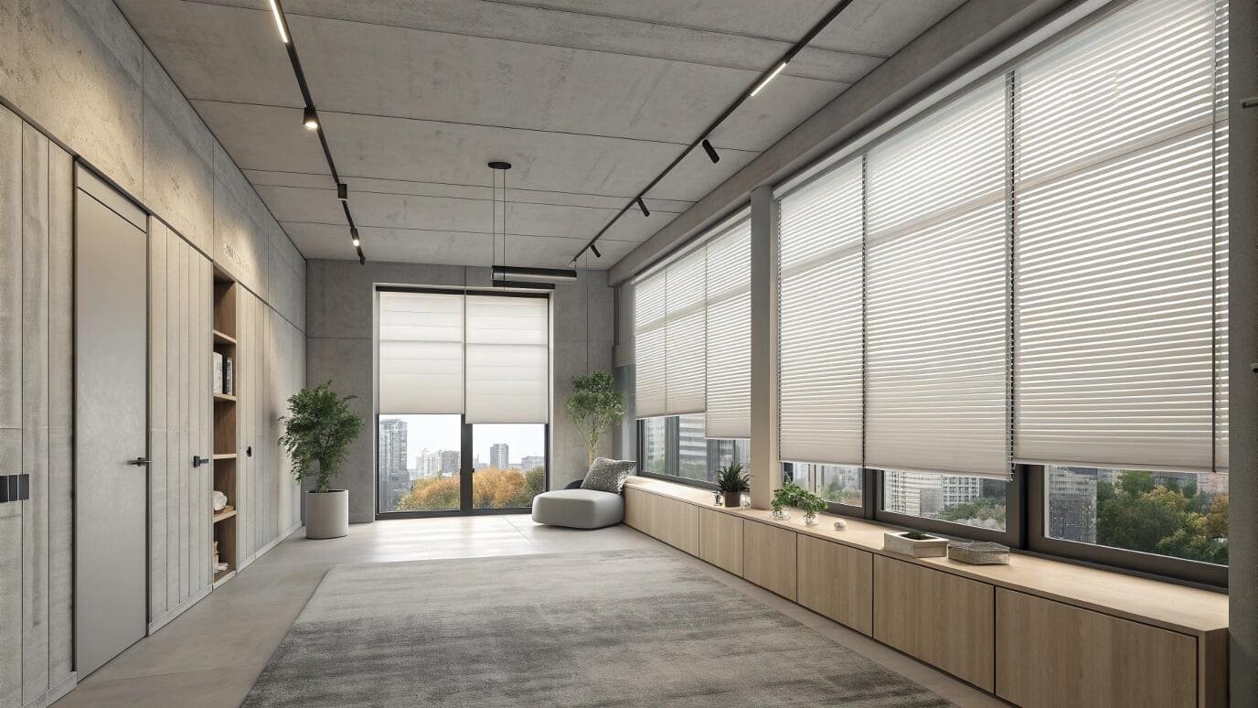 Spacious loft apartment with expansive city views and white pleated blinds.