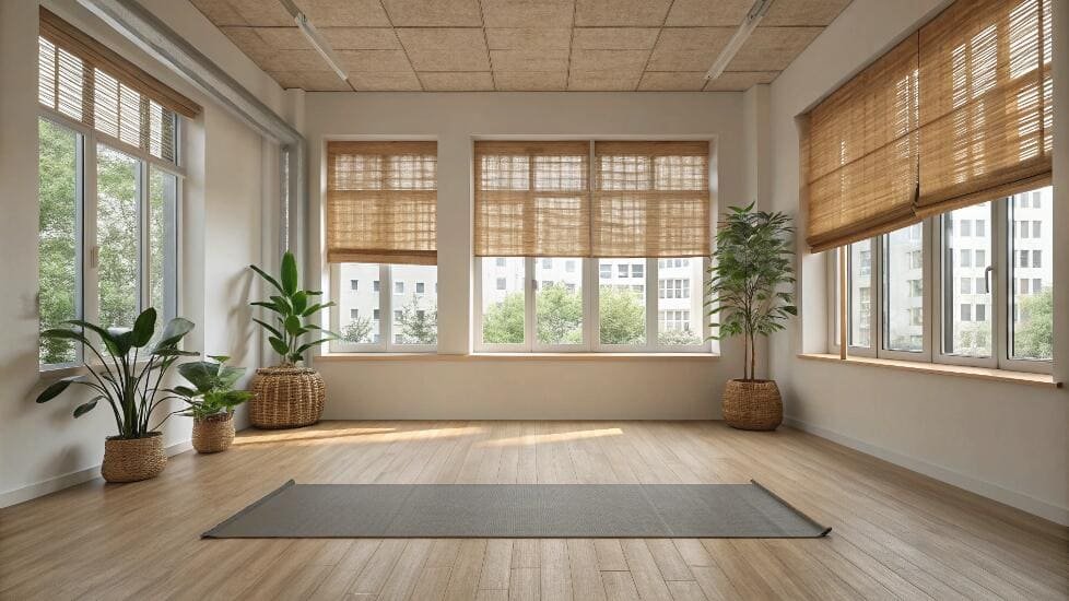 Spacious, sunlit studio with multiple windows featuring natural woven shades.
