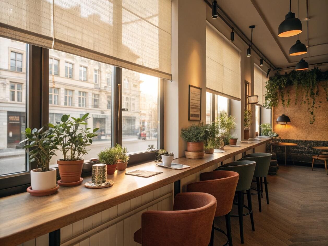 Cozy cafe interior with large windows and light-filtering roller shades.