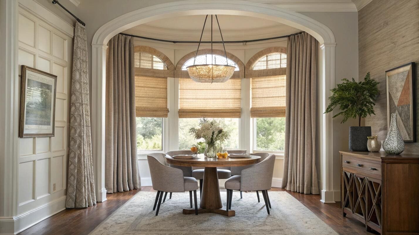 Dining nook with woven wood Roman shades and drapes.