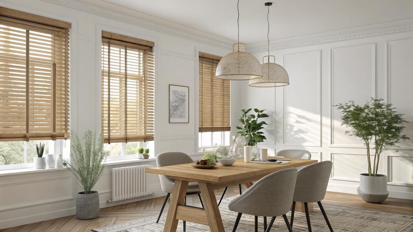 Contemporary dining room with wooden table and natural wood Venetian blinds.