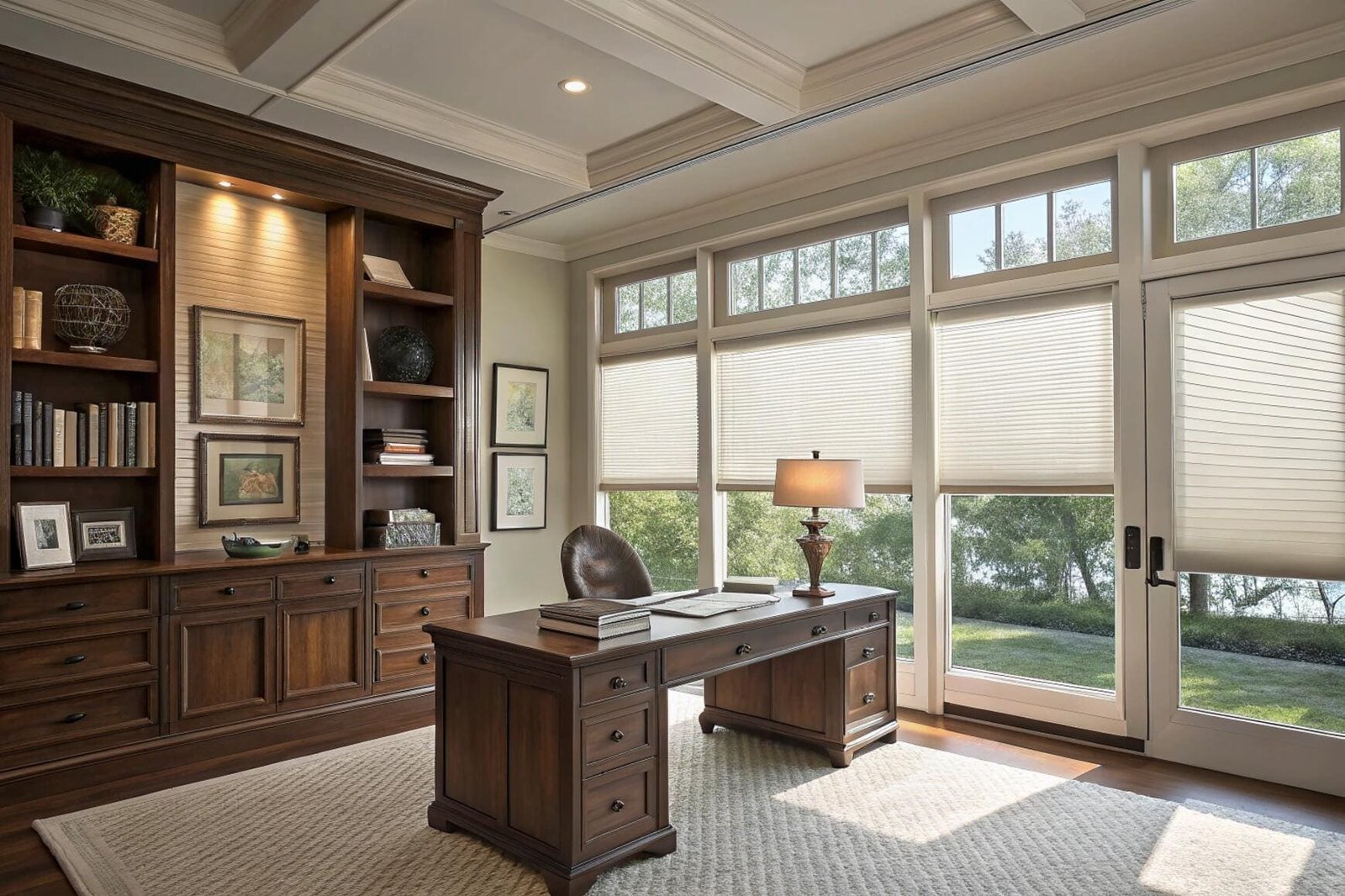 Grand home office with extensive windows and light cellular blinds.