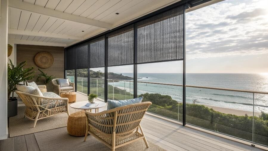 Oceanfront balcony with dark exterior mesh shades providing sun control.