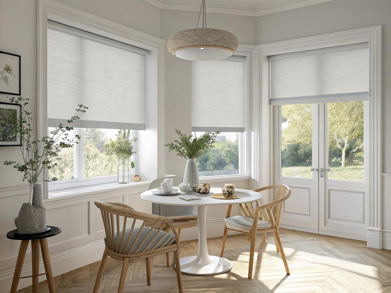 Sunny dining nook equipped with light filtering roller blinds.