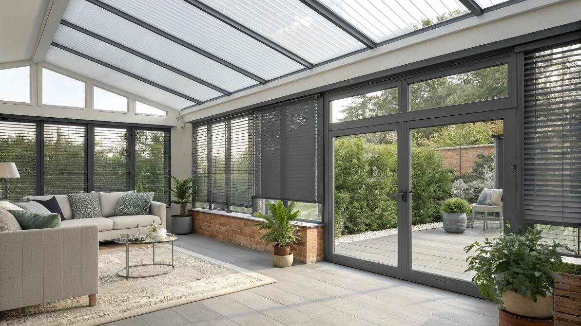 Spacious conservatory with dark gray pleated blinds and a glass roof.