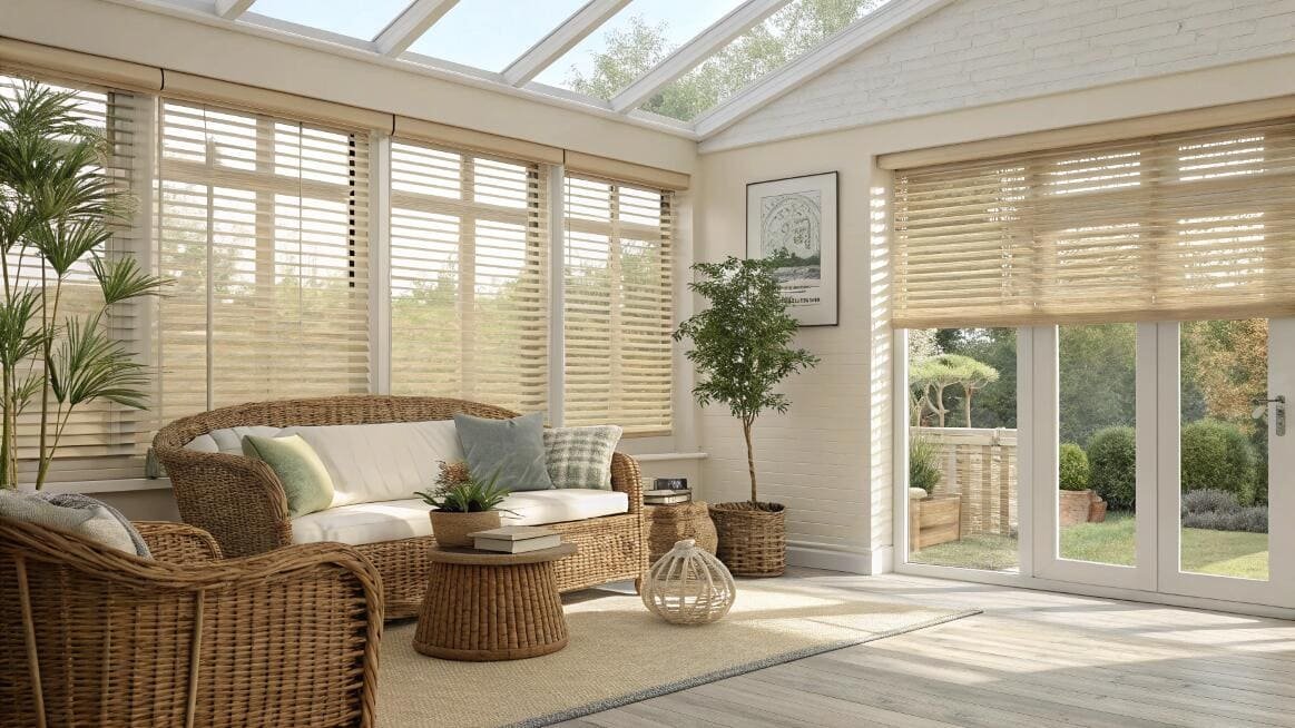 Sunlit conservatory with natural woven wood blinds and wicker furniture.