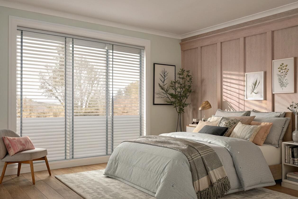 Serene bedroom with wide white venetian blinds creating soft natural light.