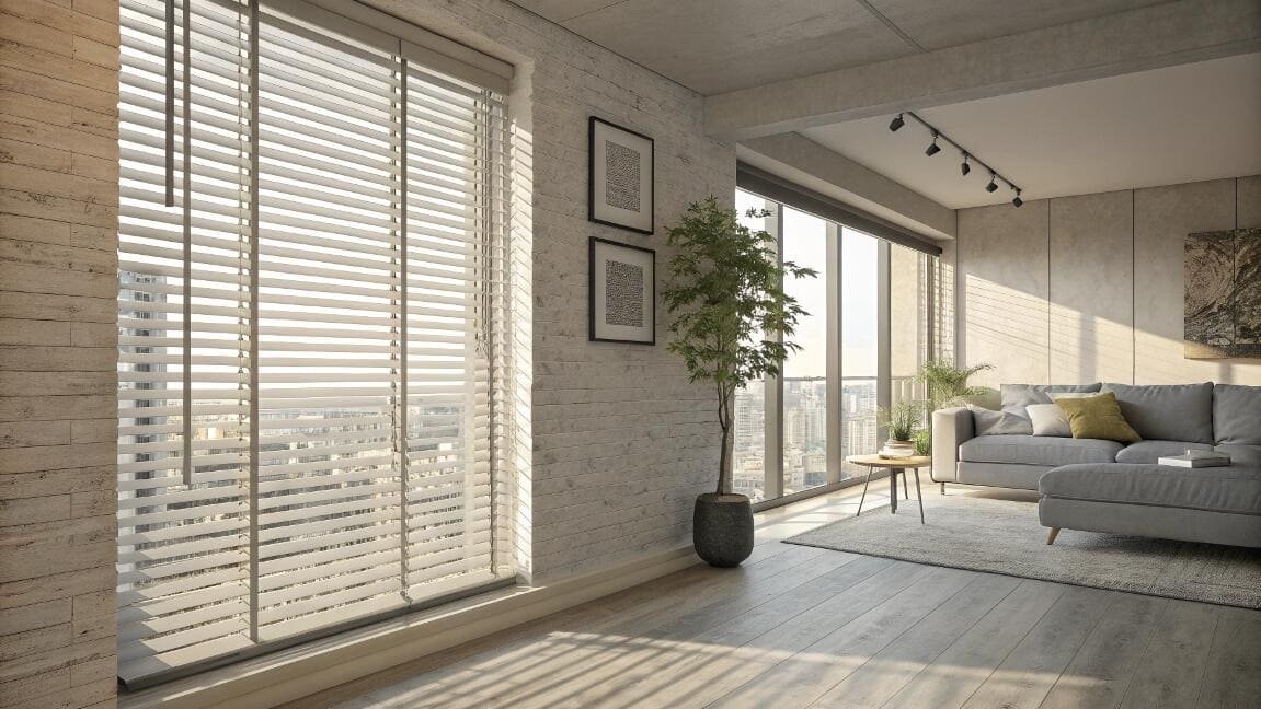 Loft apartment with wide slat venetian blinds and exposed brick wall.