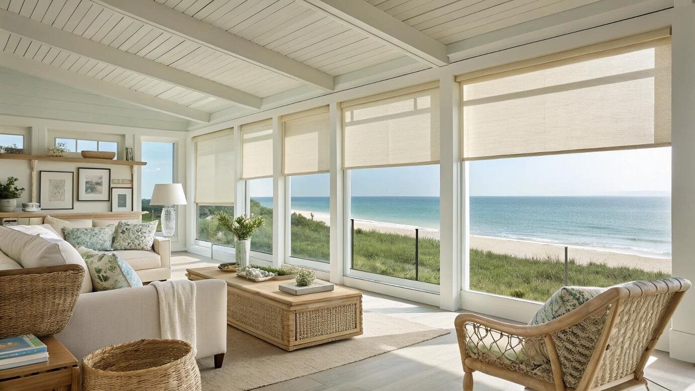 Beachfront living room with solar roller shades protecting interiors from UV rays.
