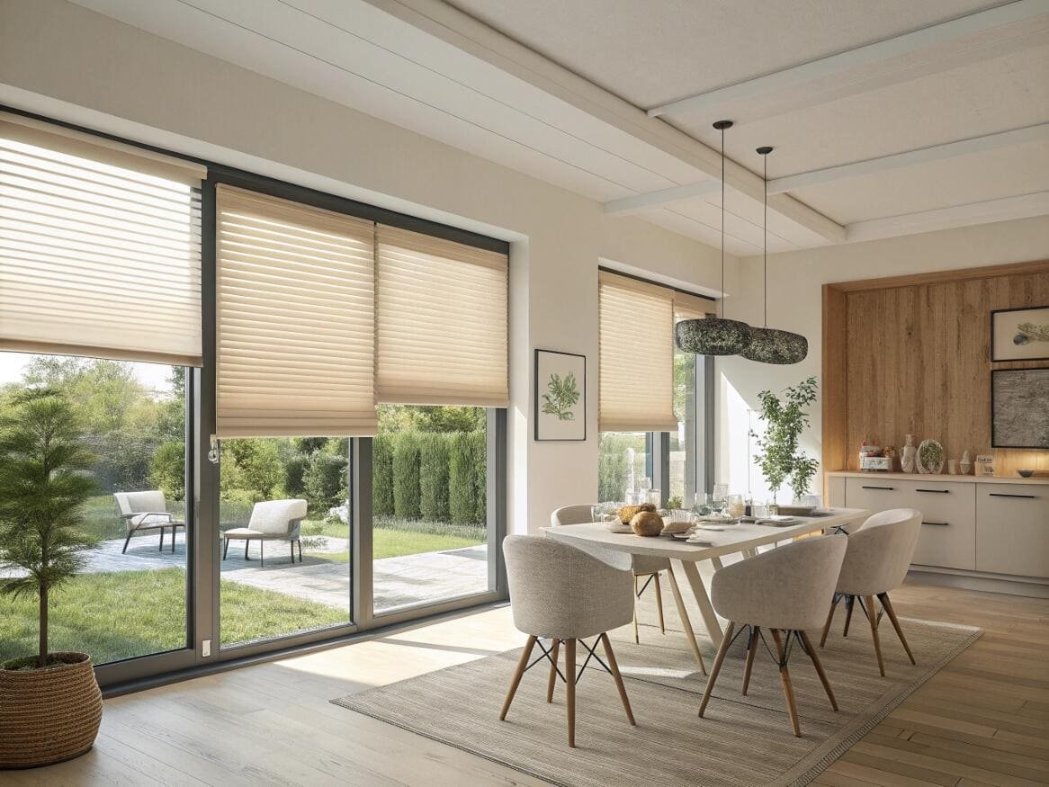 Dining room with honeycomb shades providing insulation and privacy.