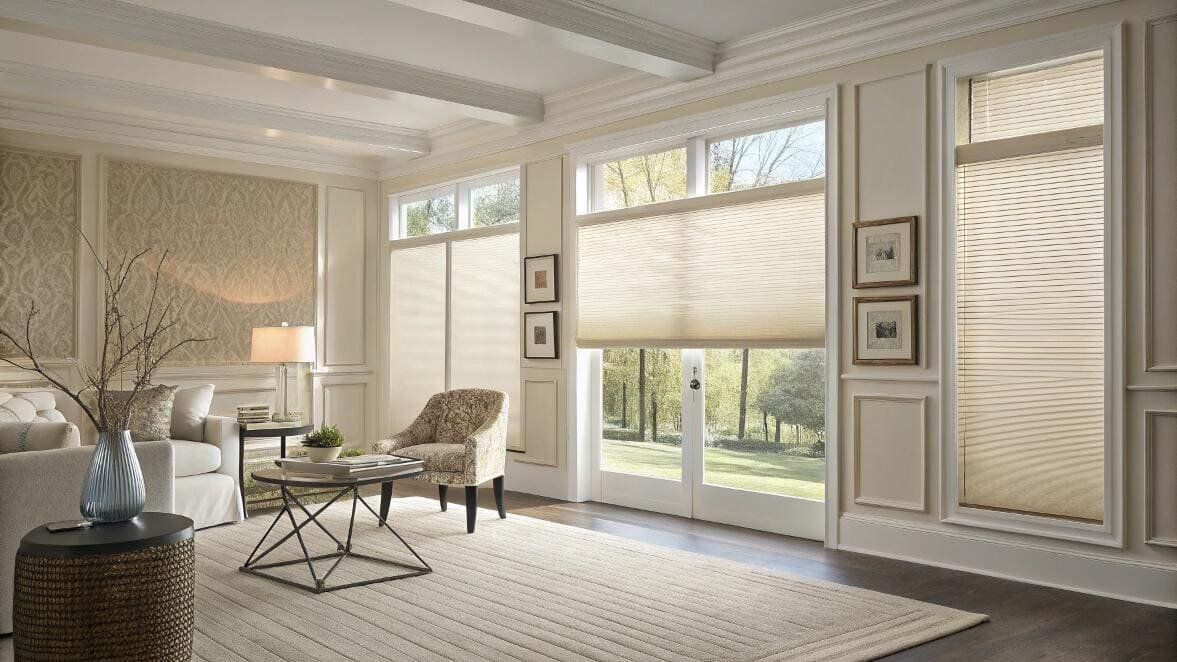 Elegant living room with insulating honeycomb shades creating an inviting atmosphere.