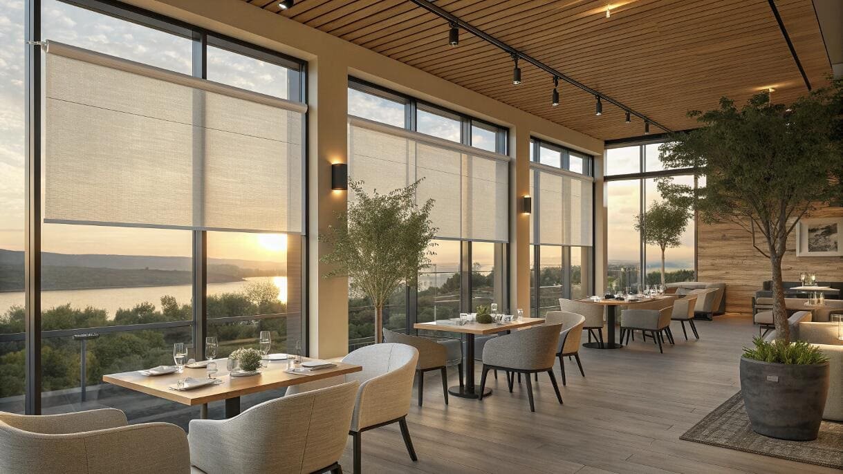 Upscale restaurant featuring motorized shades adjusting to the sunset views.