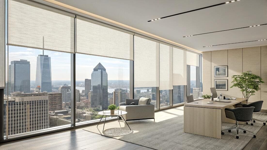 Executive office suite with sheer roller shades maximizing daylight and minimizing glare.