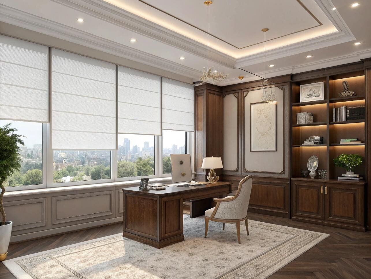 Elegant study featuring roman shades blending style and light control.