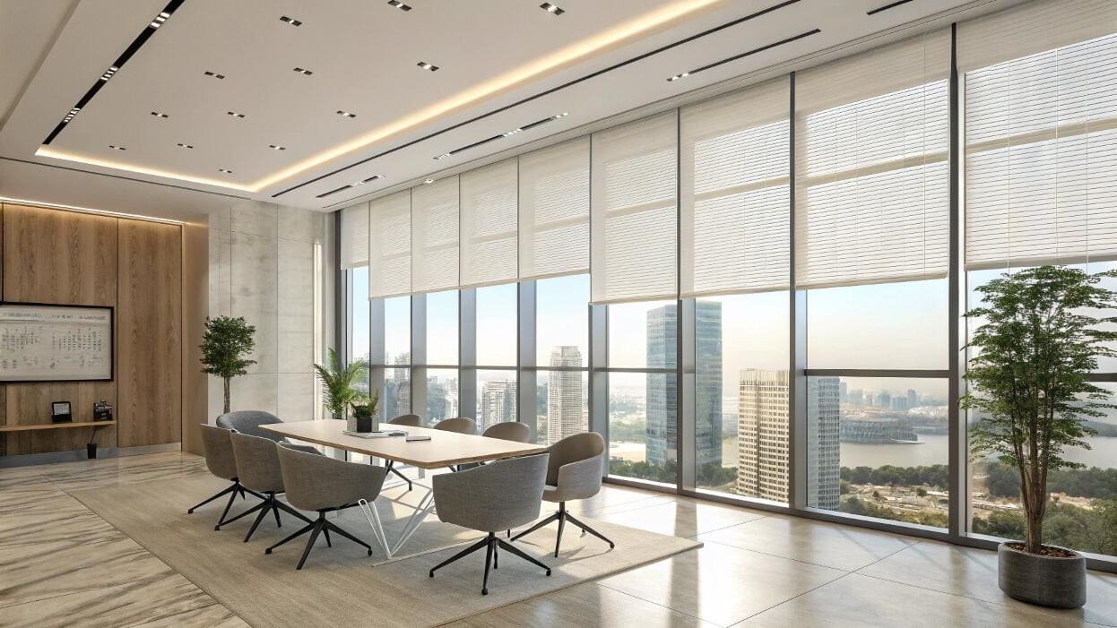 Modern conference room with sleek roller shades and city views.