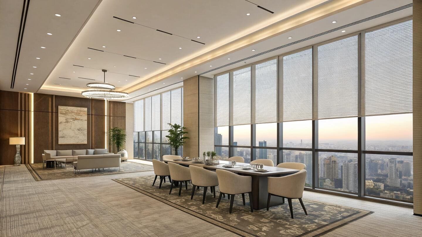 Open office area featuring shades displaying the cityscape with privacy.