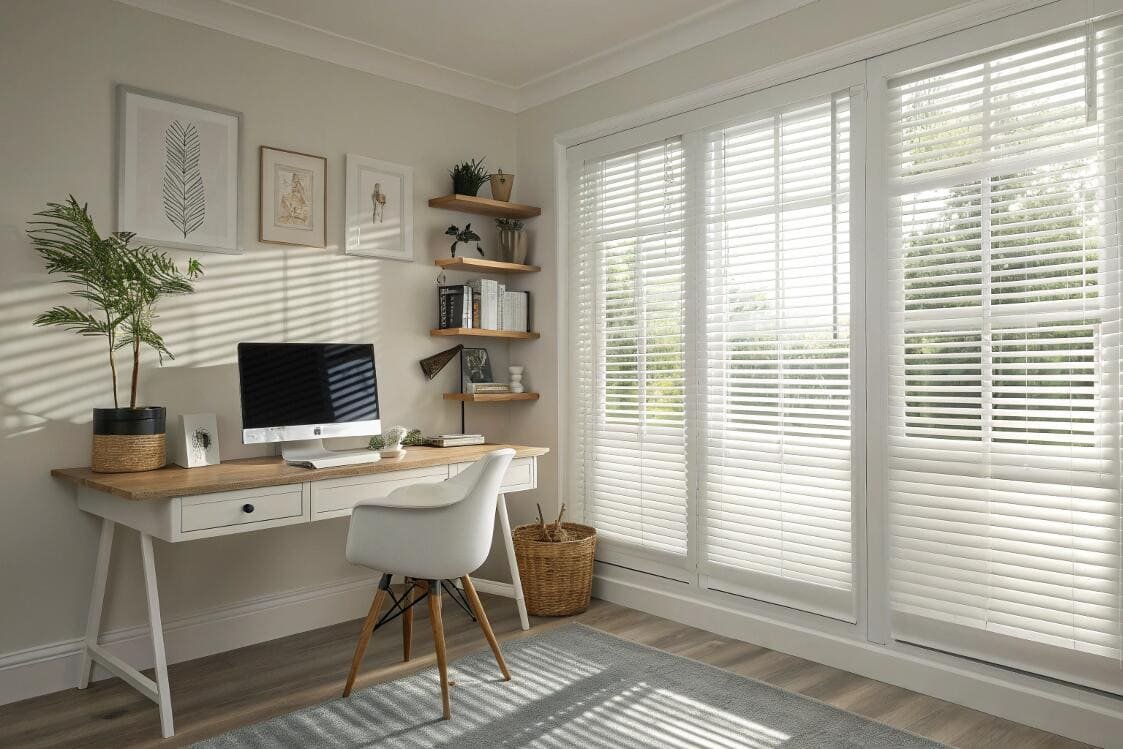 Contemporary home office featuring white venetian blinds for light control.