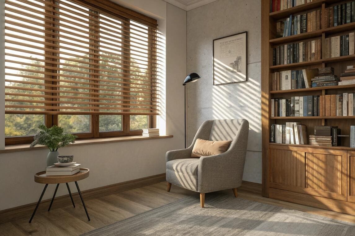 Cozy reading nook with wooden blinds and a large wooden bookshelf.