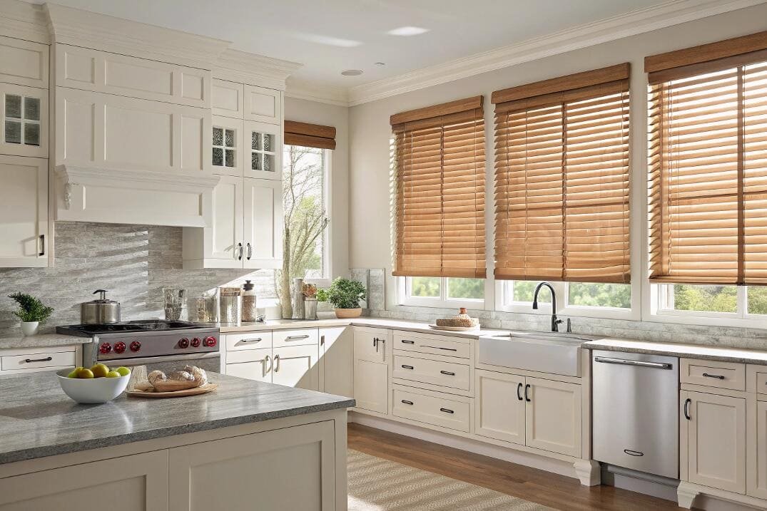 Stylish kitchen featuring wood blinds providing warm light.