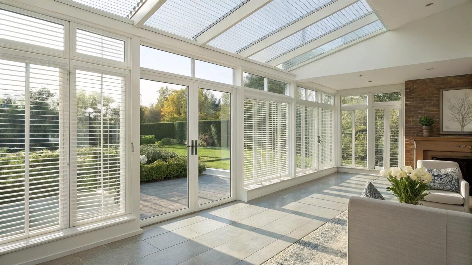 Bright sunroom with venetian blinds adding natural light.