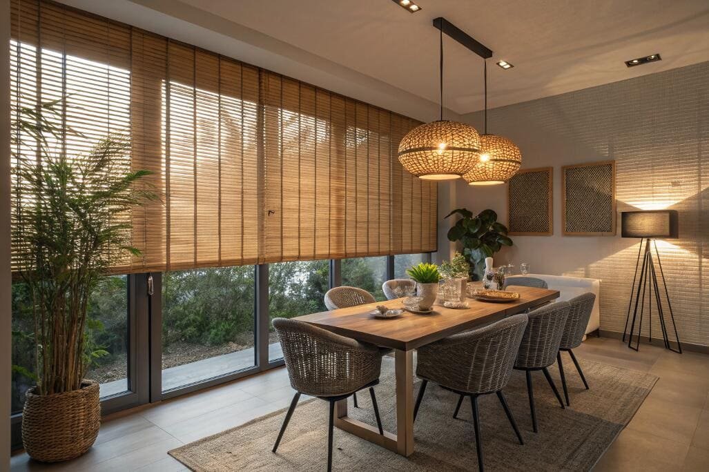 Modern dining room with bamboo blinds creating a warm, inviting ambiance.