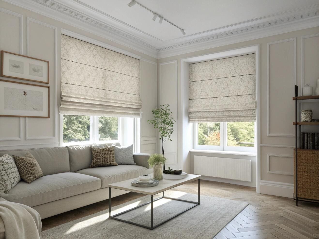 Chic living room showcasing custom patterned Roman shades for a sophisticated look.