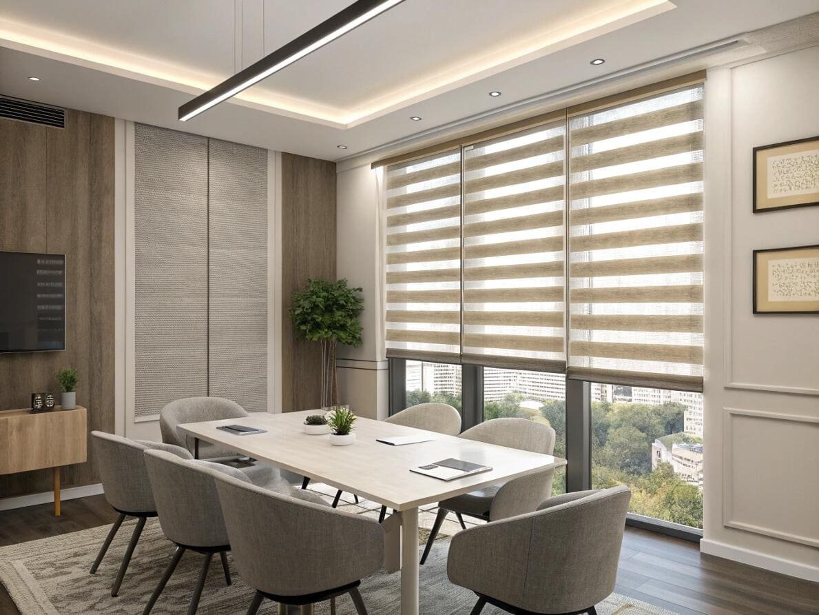 Conference room with two-tone zebra shades for professional privacy and light management.