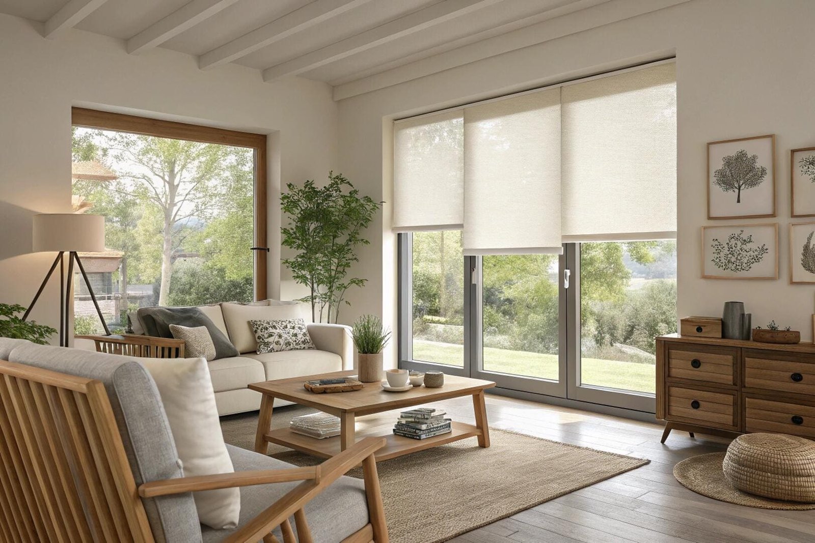 Scandinavian-style living room with light-filtering roller shades for a soft, natural ambiance.