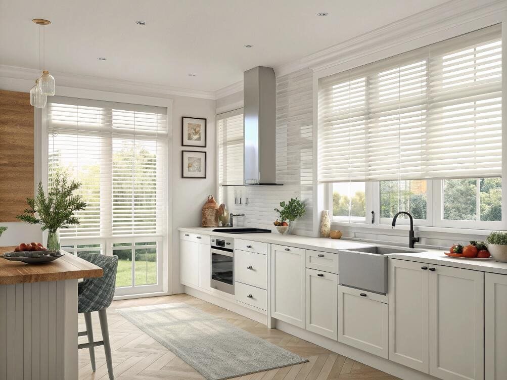 Modern farmhouse kitchen with durable white faux wood blinds for easy light control.