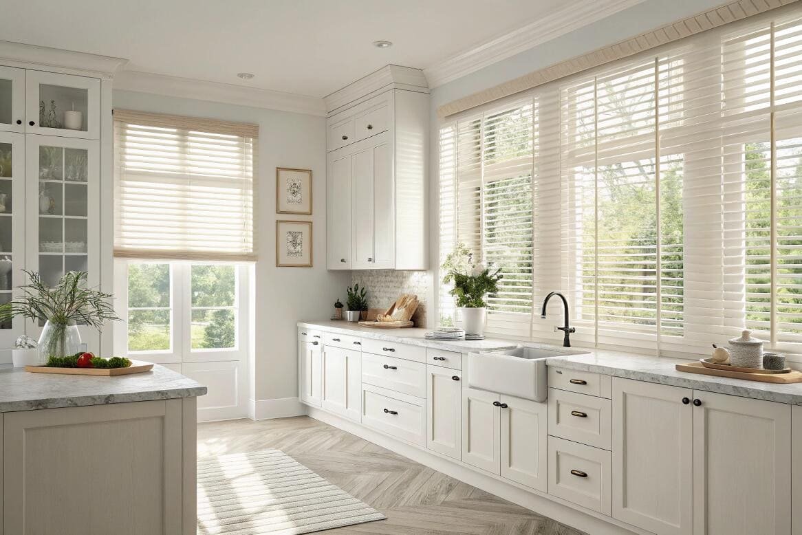 Classic white farmhouse kitchen with durable off-white faux wood blinds over the windows.