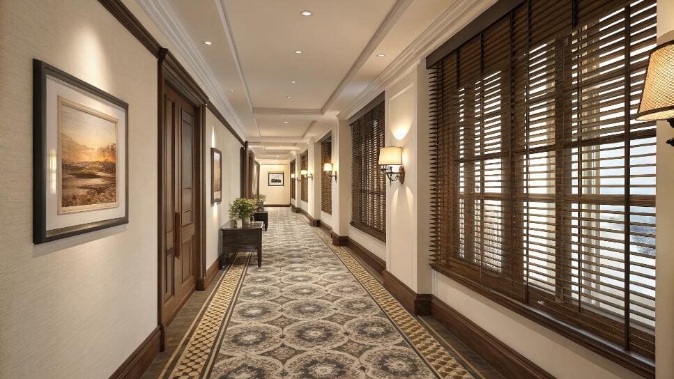 Elegant hallway with dark wood horizontal blinds and patterned runner carpet.