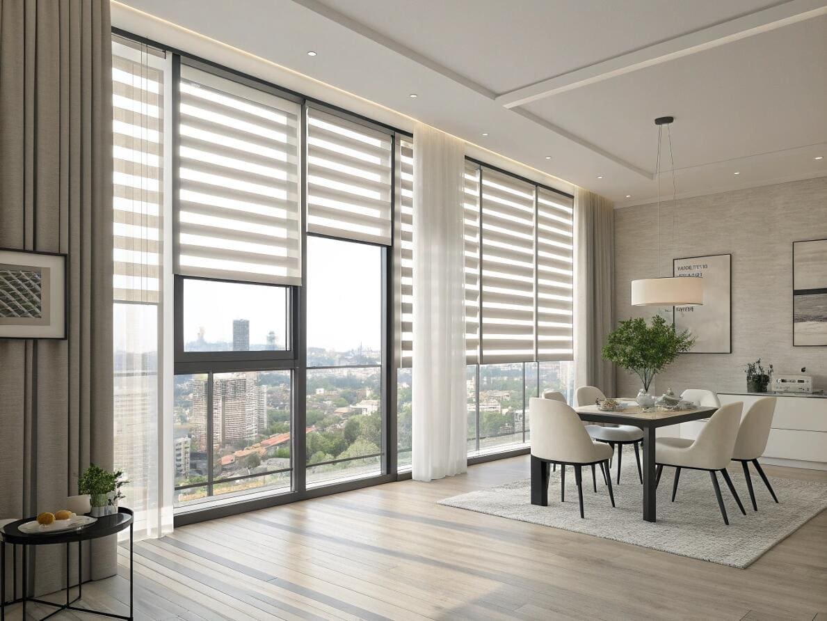Contemporary dining area with motorized dual shades perfect for tall, floor-to-ceiling windows.