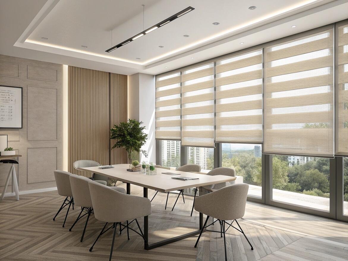Modern commercial conference room with large beige zebra shades for project contractors.