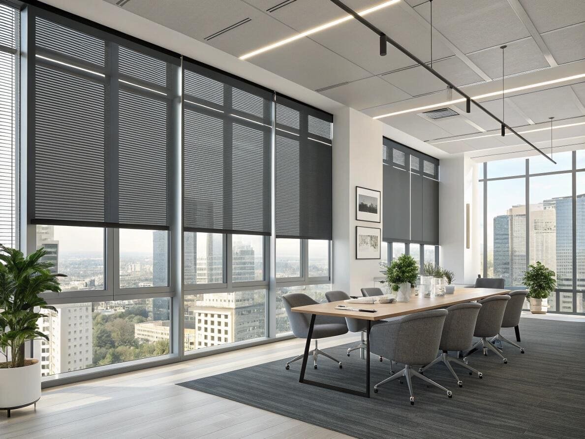 Modern office meeting room with floor-to-ceiling dark pleated blinds for light control.
