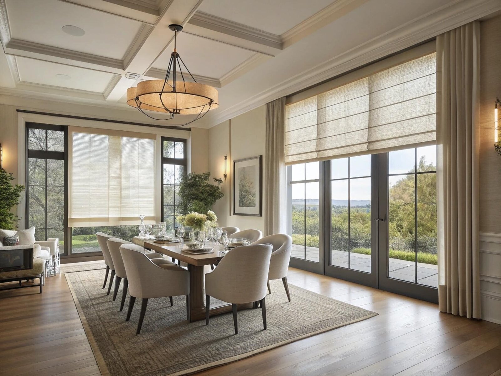 Grand dining room with textured light-filtering Roman shades for a luxurious atmosphere.