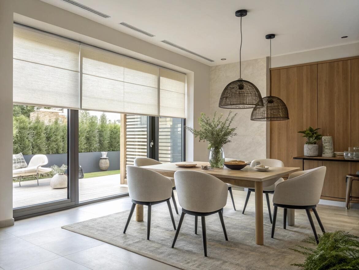Contemporary dining room with light-filtering Roman shades perfect for wide patio doors.