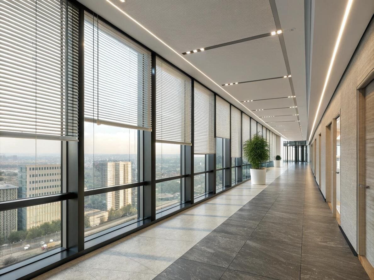 Long office corridor with sleek Venetian blinds for uniform light control and privacy.