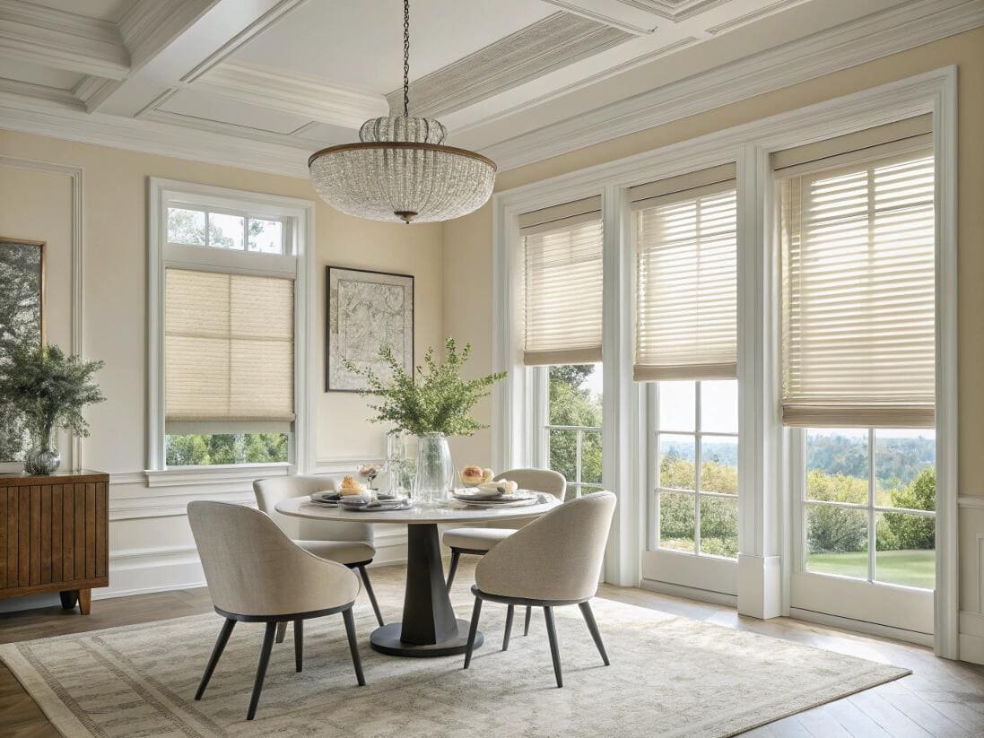 Classic dining room beautifully lit with top-down cellular shades for versatile ambiance.