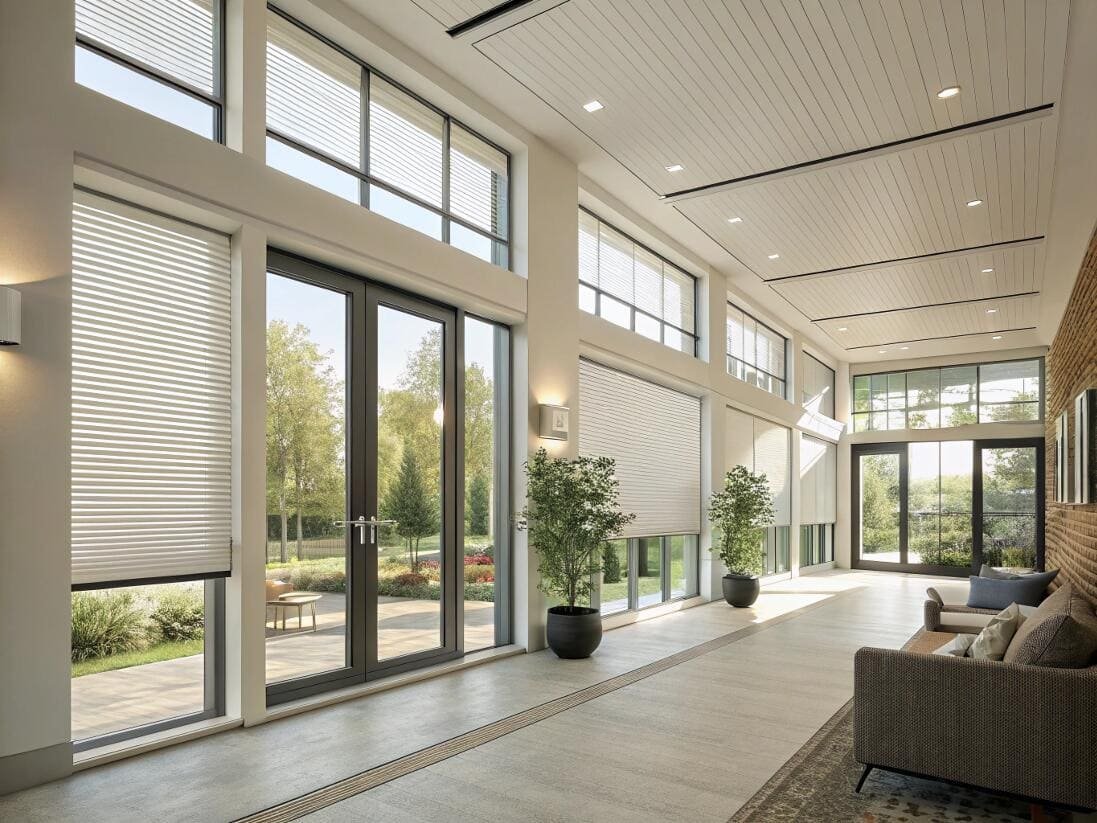 Bright commercial building lobby with energy-efficient cellular shades for architectural window solutions.